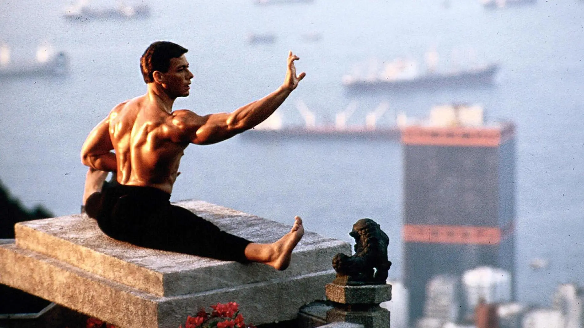 Jean-Claude Van-Damme et sa souplesse de hanches. Il réalise un grand écart